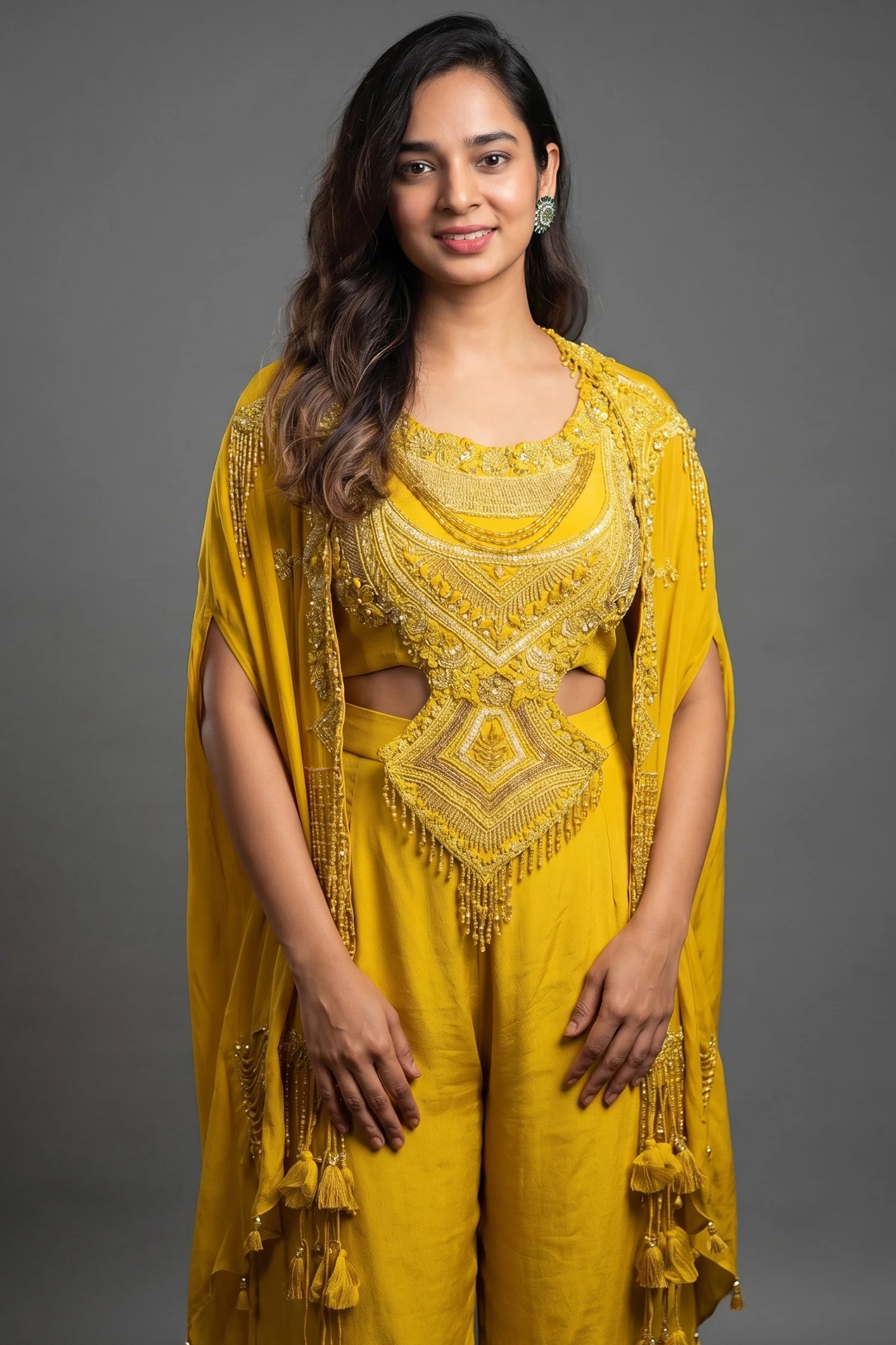 Yellow Raw Silk Designer Heavy Worked Crop Top Palazzo with Jacket - Image 2
