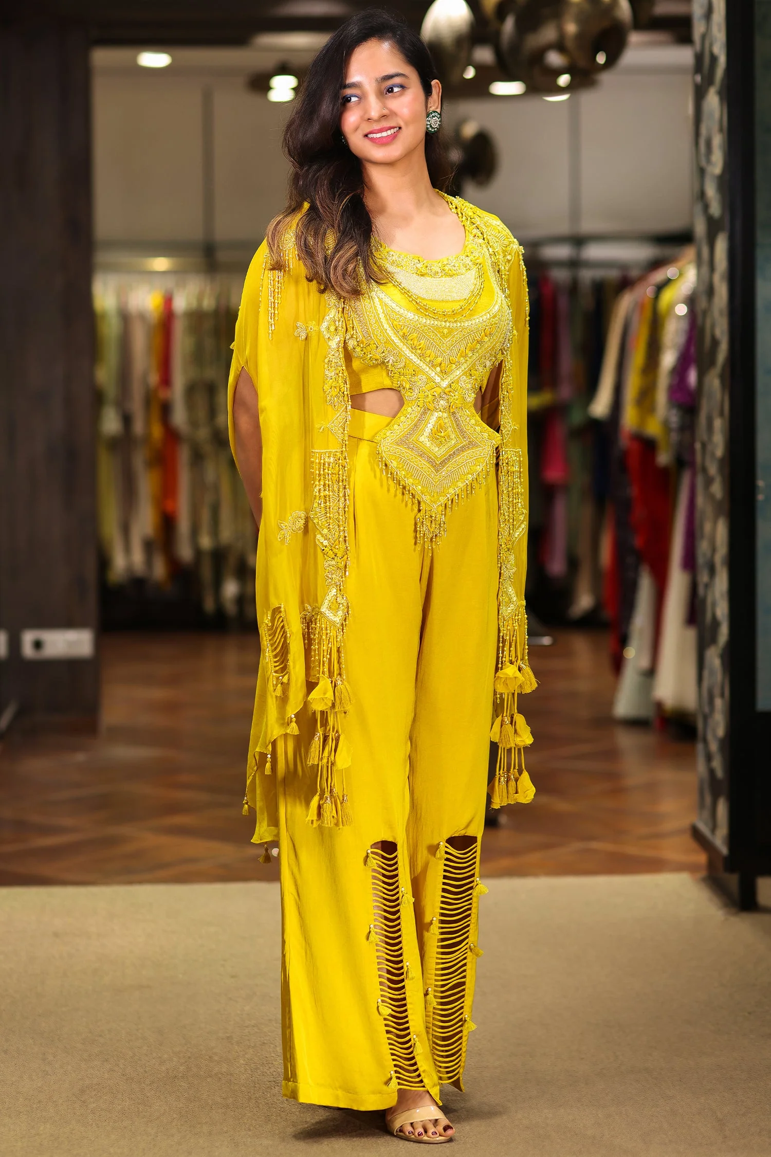 Yellow Raw Silk Designer Heavy Worked Crop Top Palazzo with Jacket - Image 3