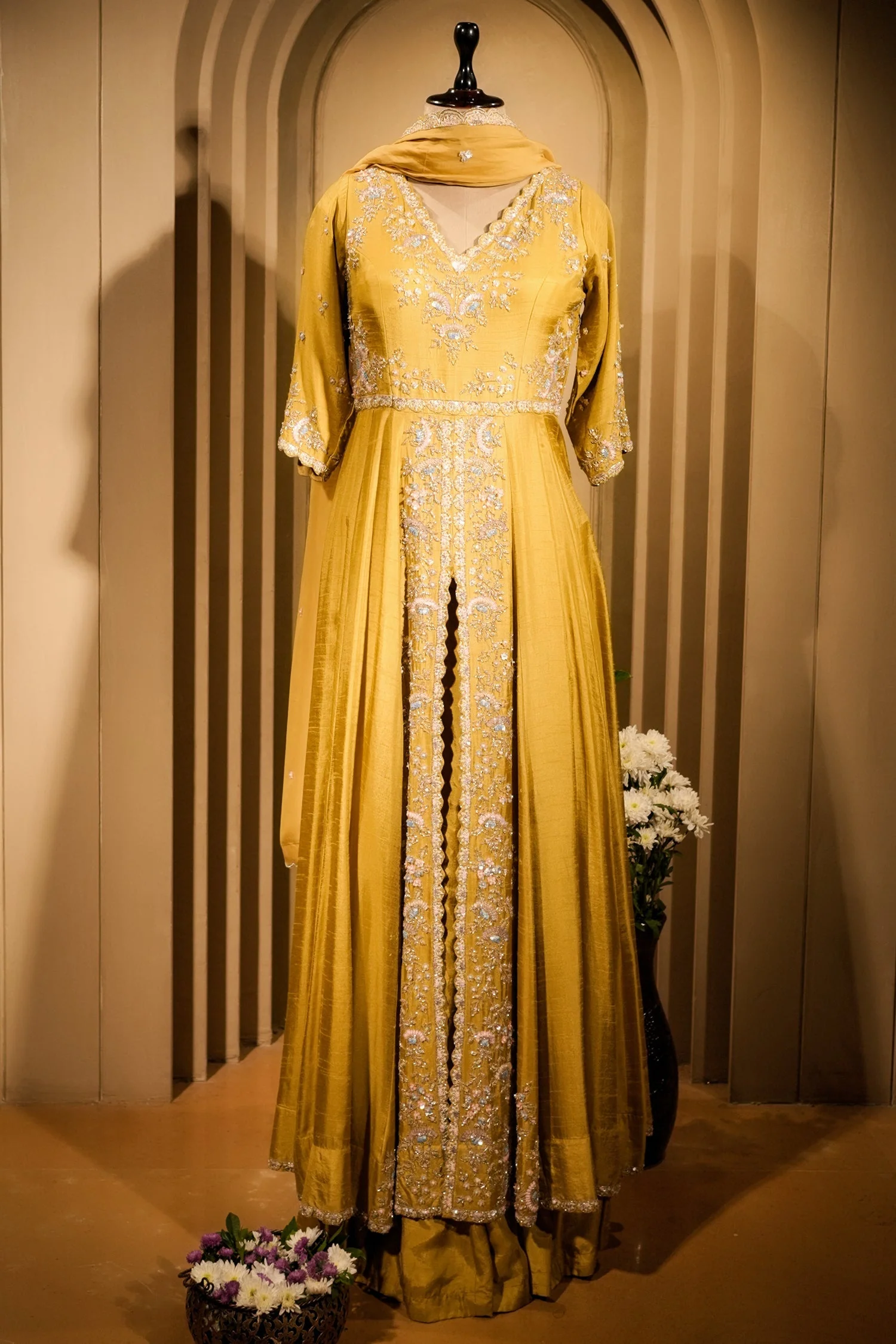 Yellow Raw Silk V Neckline Slit Cut Palazzo Suit with Sequins Work - Image 2