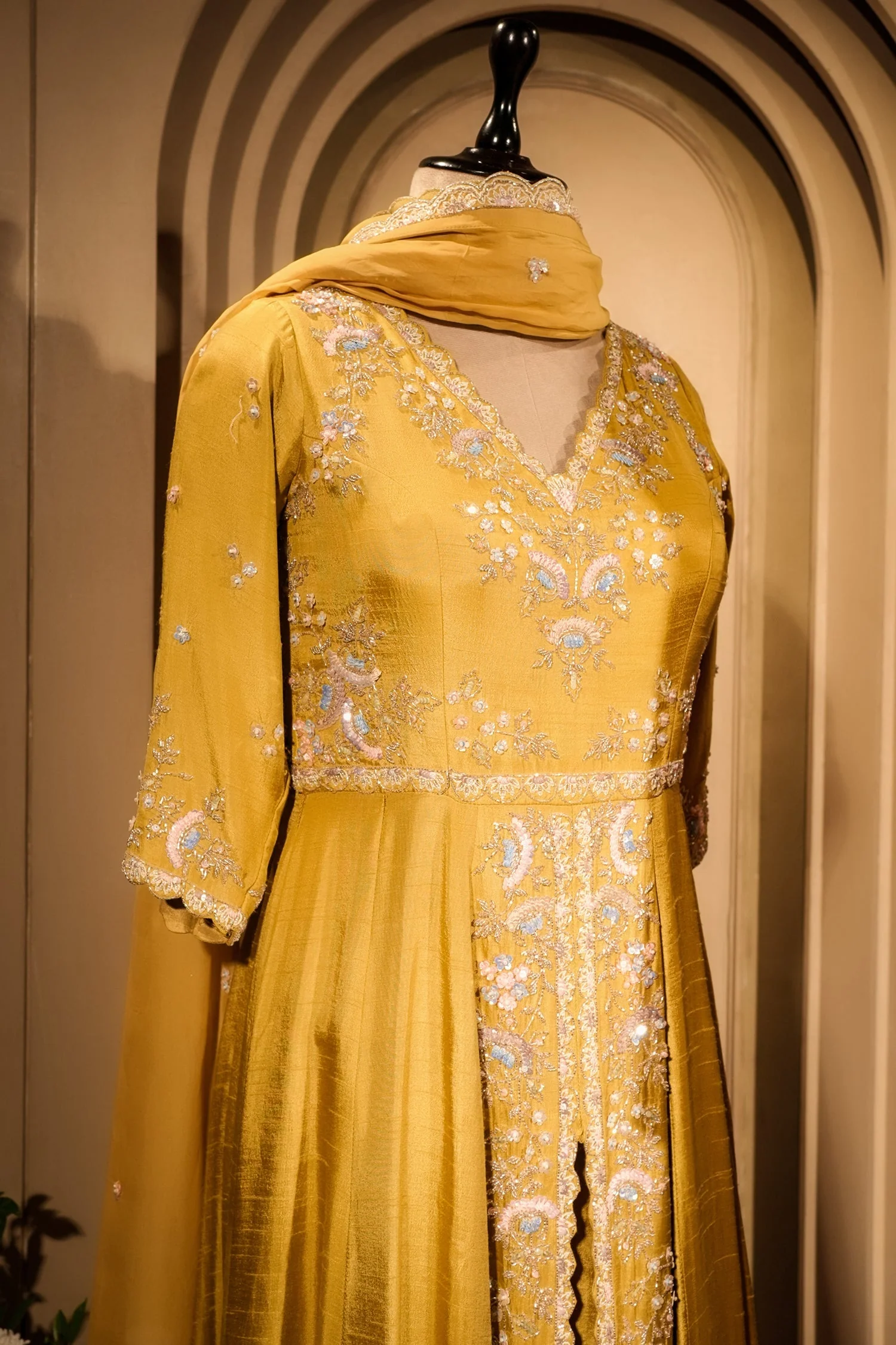 Yellow Raw Silk V Neckline Slit Cut Palazzo Suit with Sequins Work - Image 3