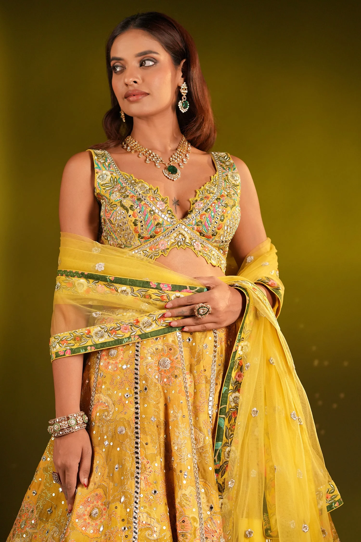 Yellow Silk Floral Printed Designer Lehenga Set - Image 2