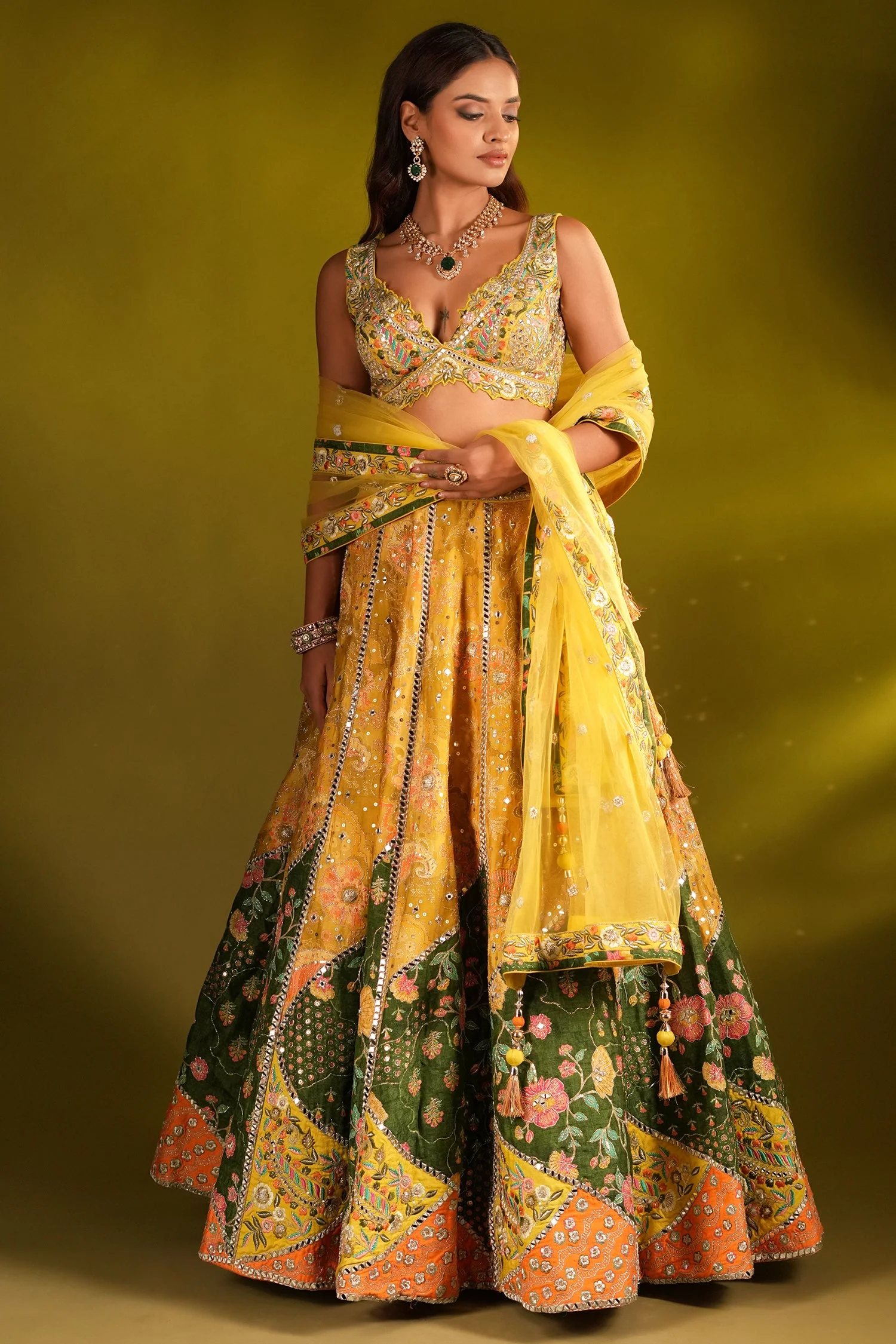 Yellow Silk Floral Printed Designer Lehenga Set - Image 3