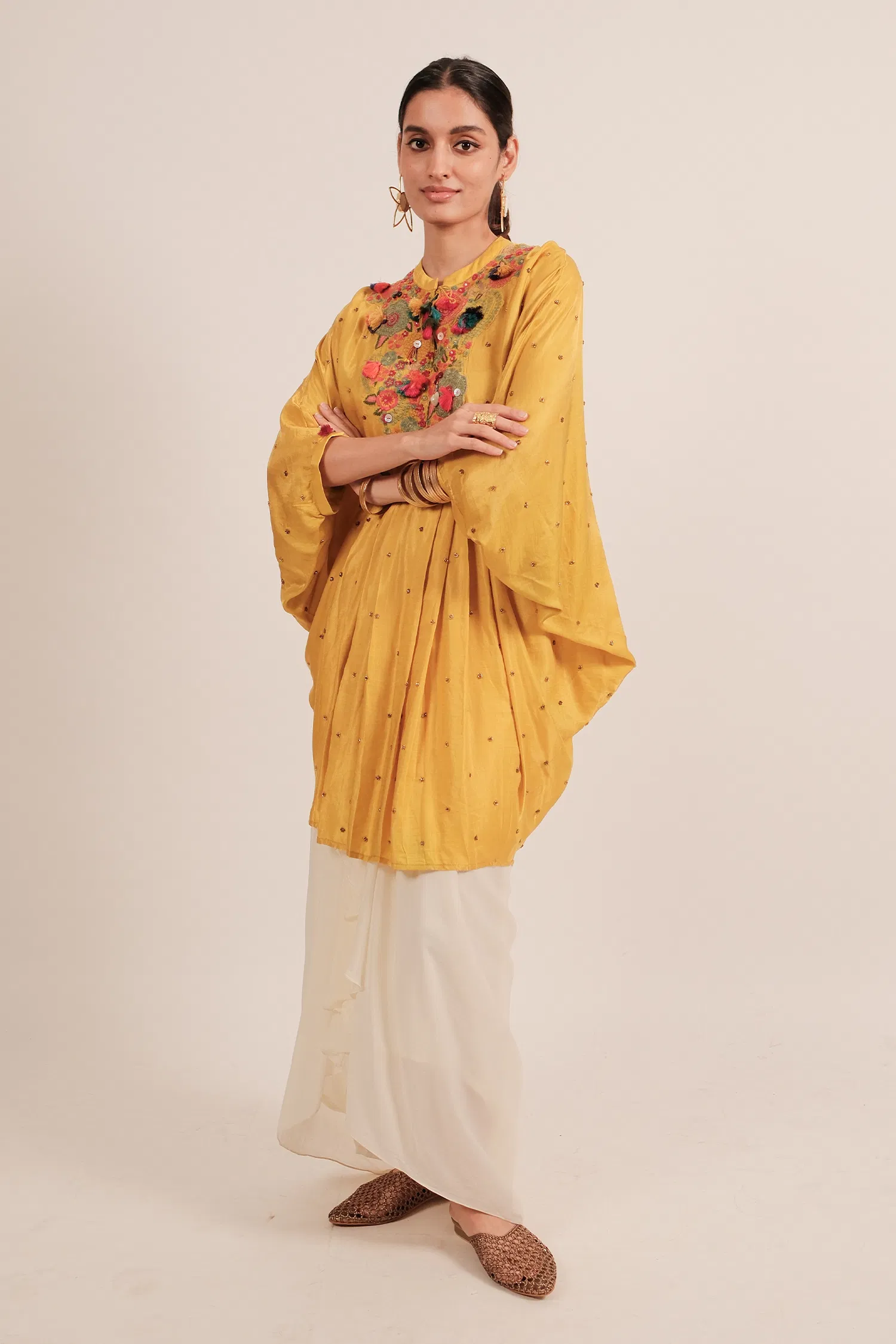 Yellow Silk Intricate Thread Embroidery Kaftan Style Top - Image 3