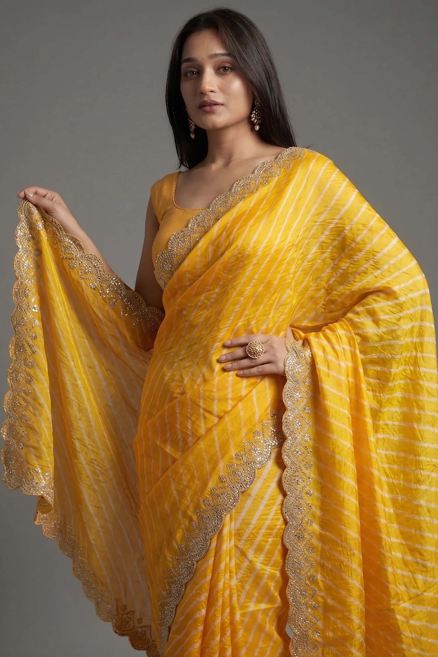 Yellow Silk Leheriya Printed Saree with Applique Scallop Border - Image 2