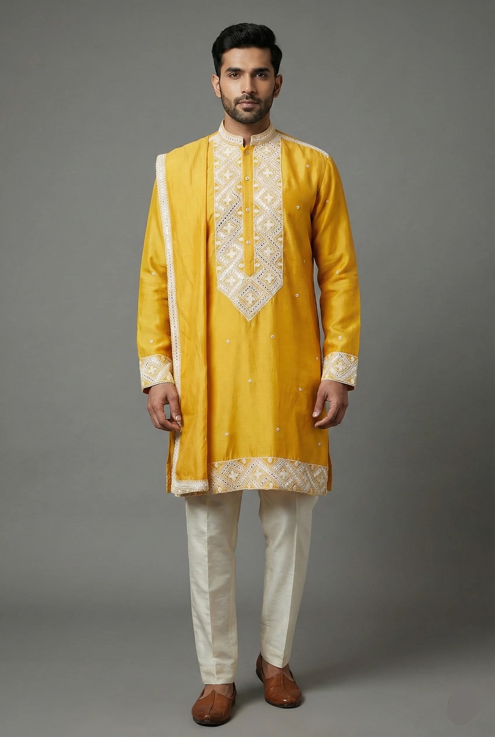 Yellow Silk Mirror Embroidered Kurta Pajama