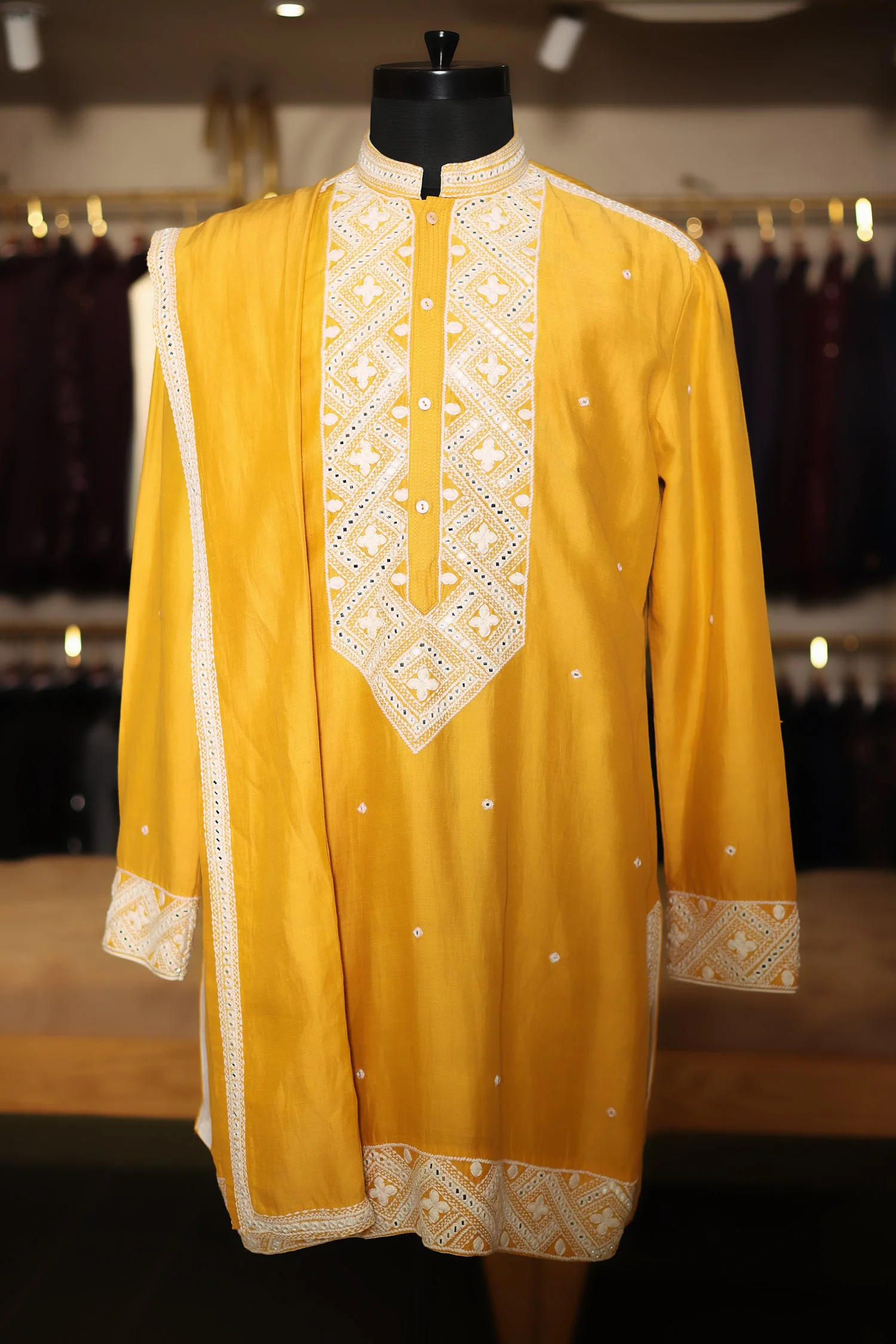 Yellow Silk Mirror Embroidered Kurta Pajama - Image 2