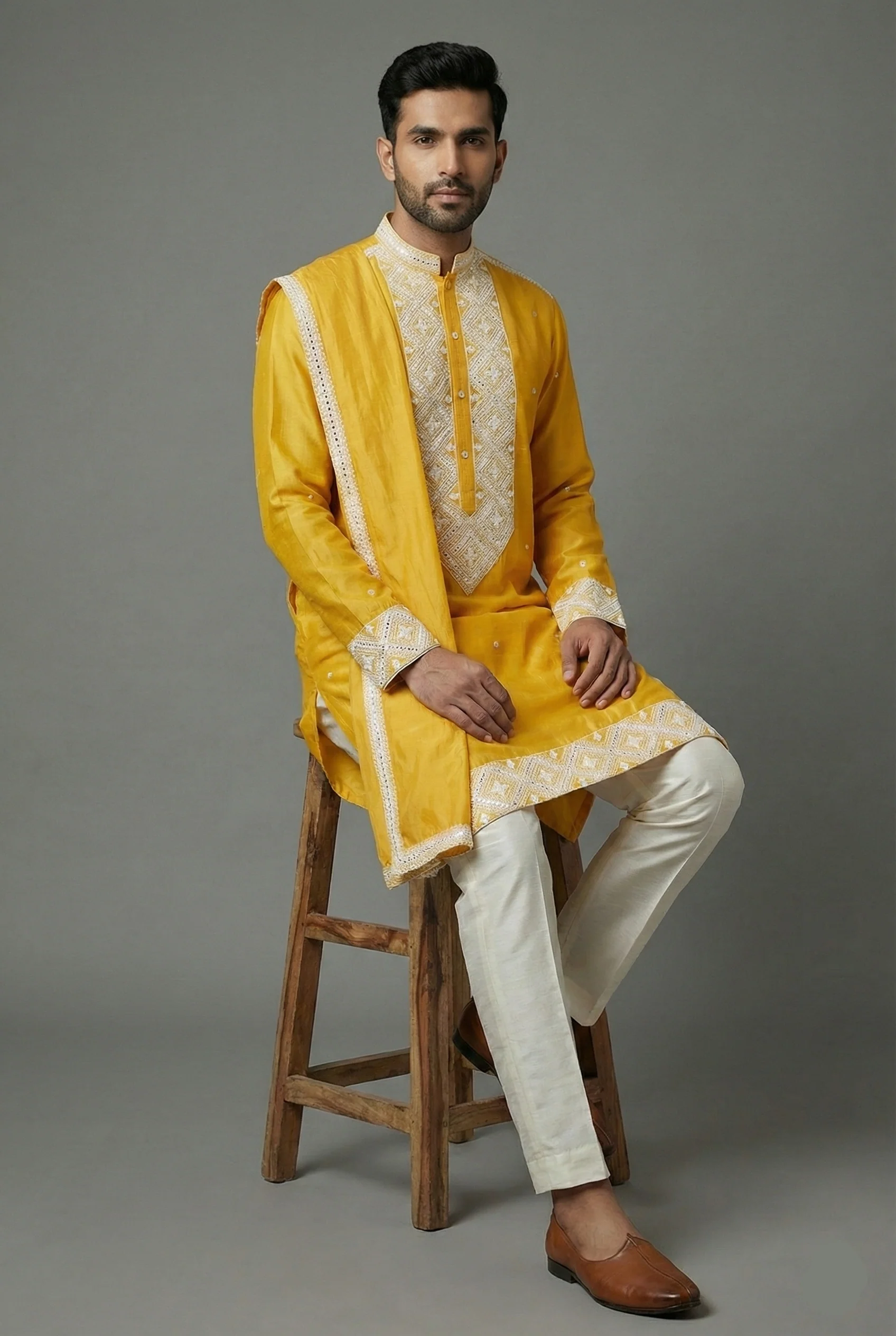 Yellow Silk Mirror Embroidered Kurta Pajama - Image 3