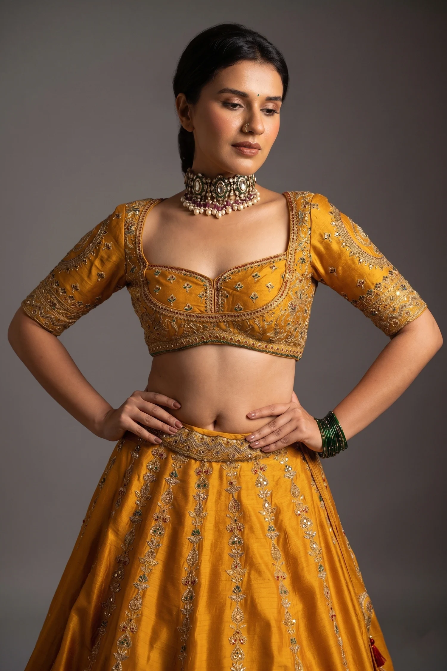 Yellow Silk Sequinned and Embroidered Lehenga - Image 2