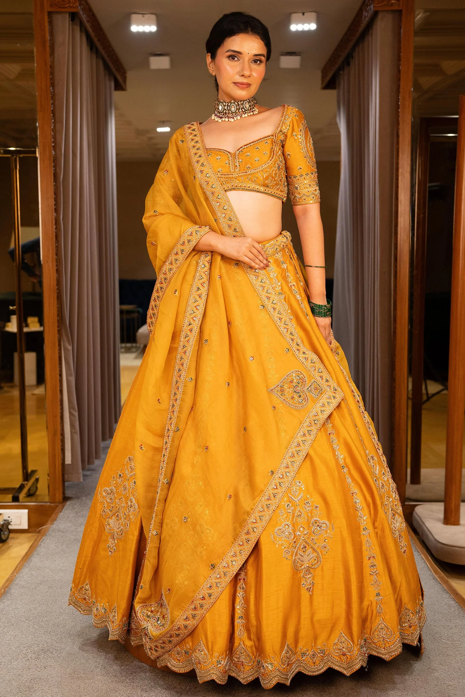 Yellow Silk Sequinned and Embroidered Lehenga - Image 3