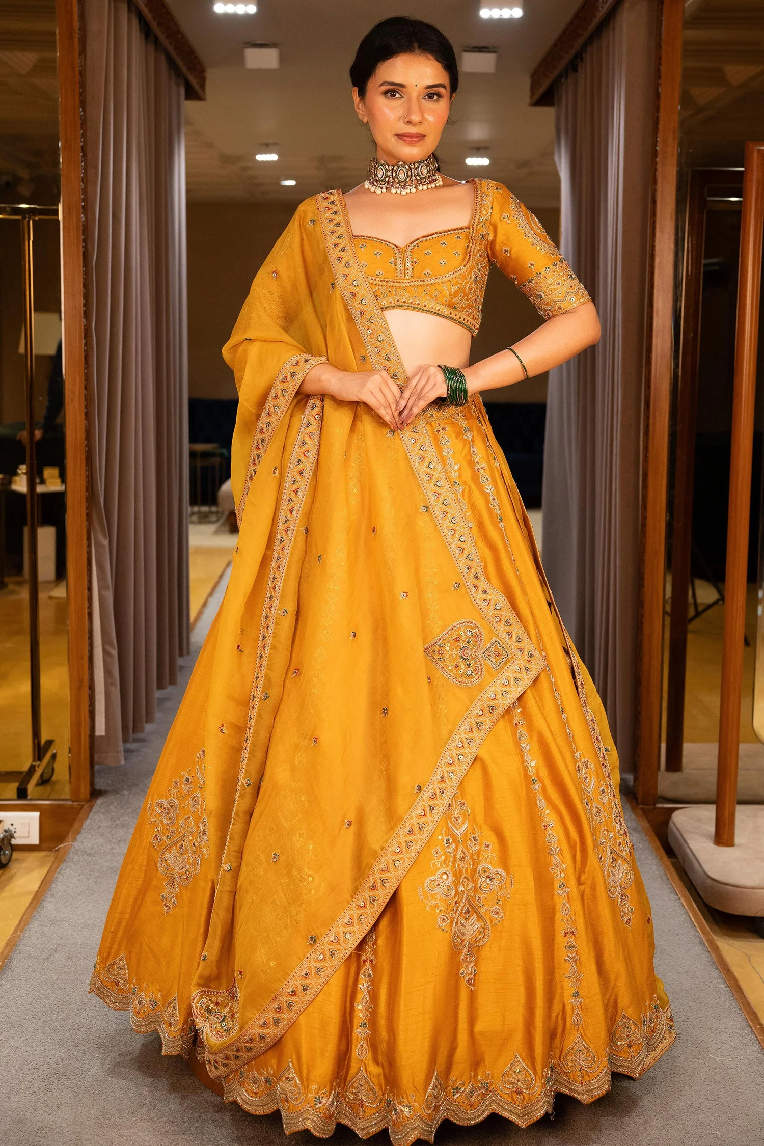 Yellow Silk Sequinned and Embroidered Lehenga - Image 4
