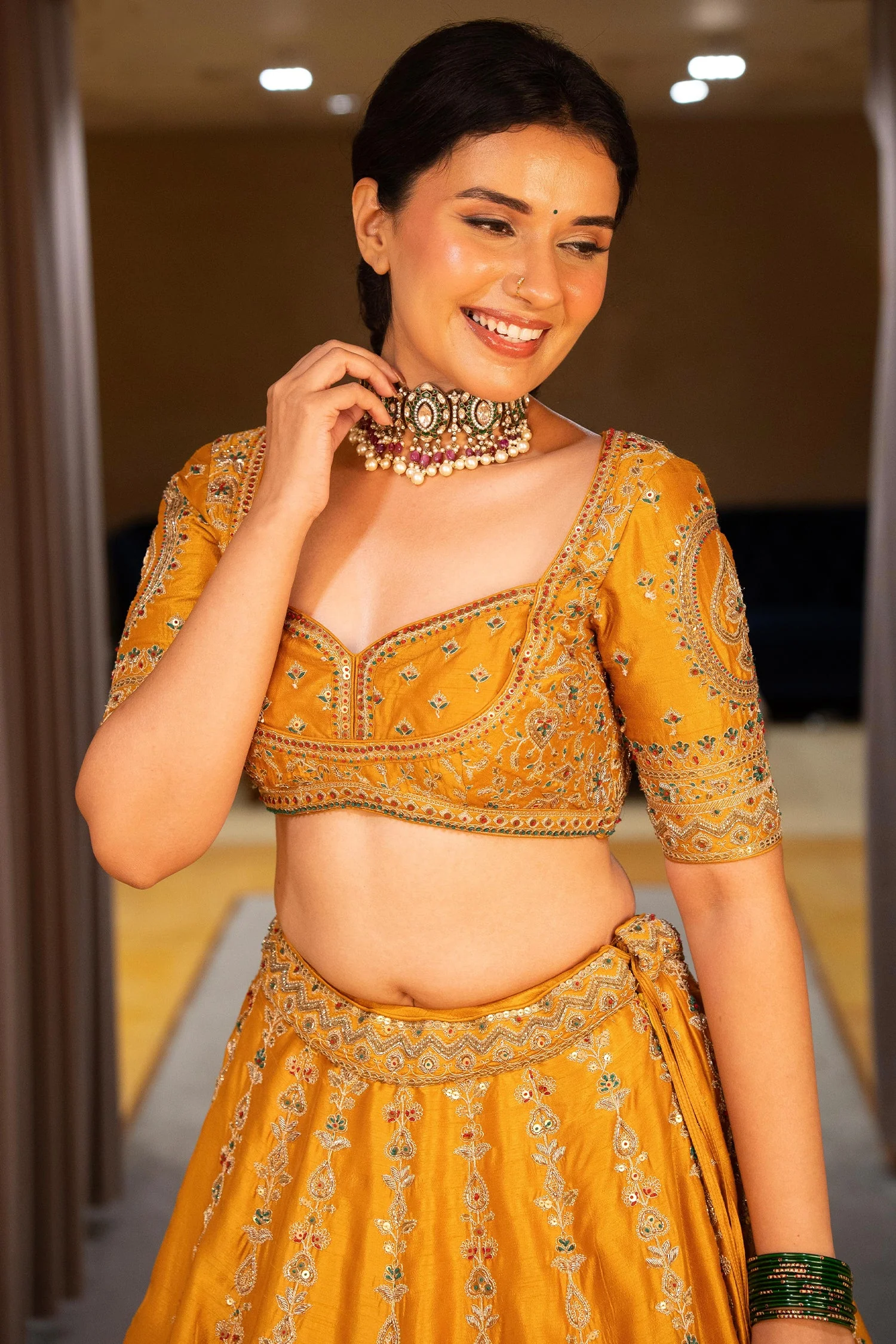 Yellow Silk Sequinned and Embroidered Lehenga - Image 7