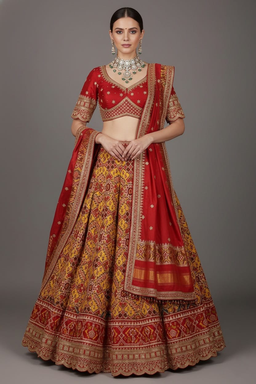 Yellow Silk Traditional Patola Lehenga with Sequin Zardosi Scallop Border
