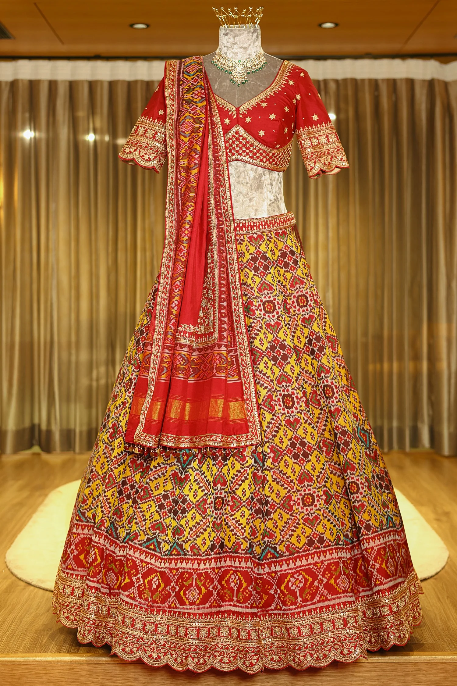 Yellow Silk Traditional Patola Lehenga with Sequin Zardosi Scallop Border - Image 3