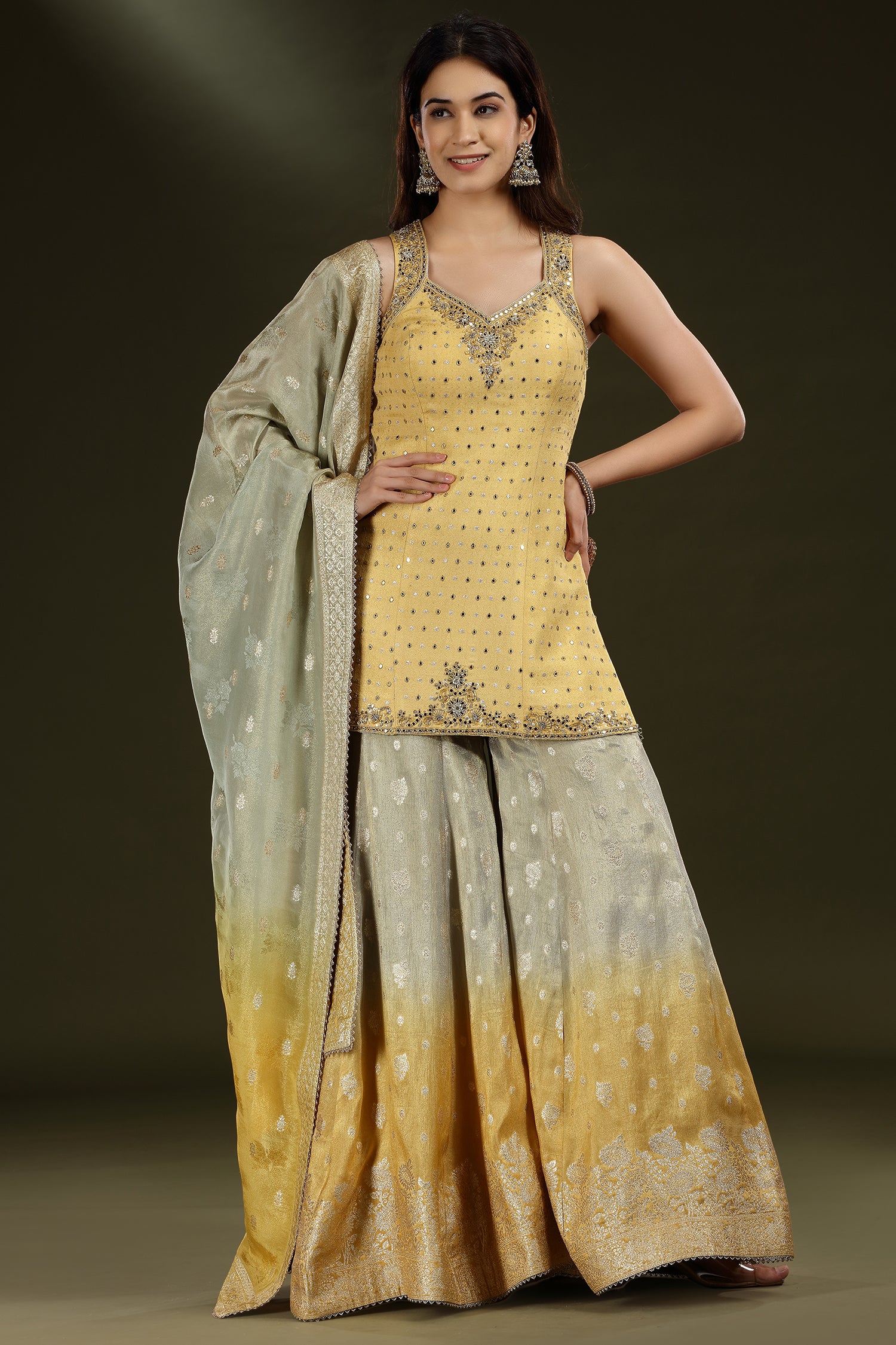 Yellow Tissue Mirror and Bead Worked Palazzo Suit - Image 2