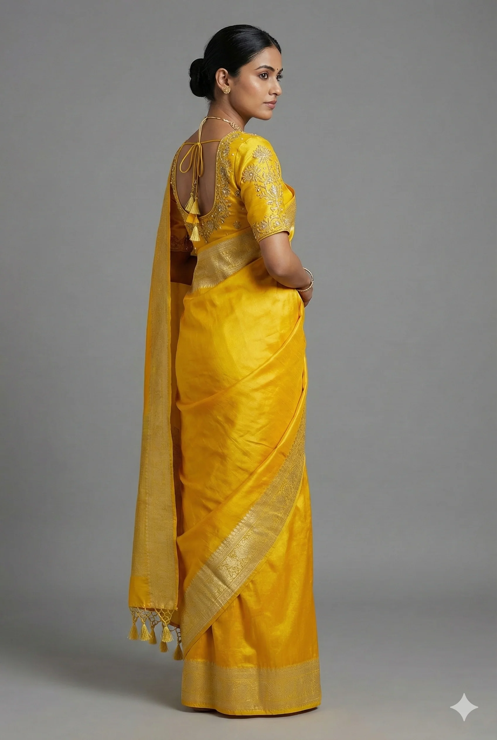 Yellow Tissue Silk Saree with Readymade Blouse - Image 2