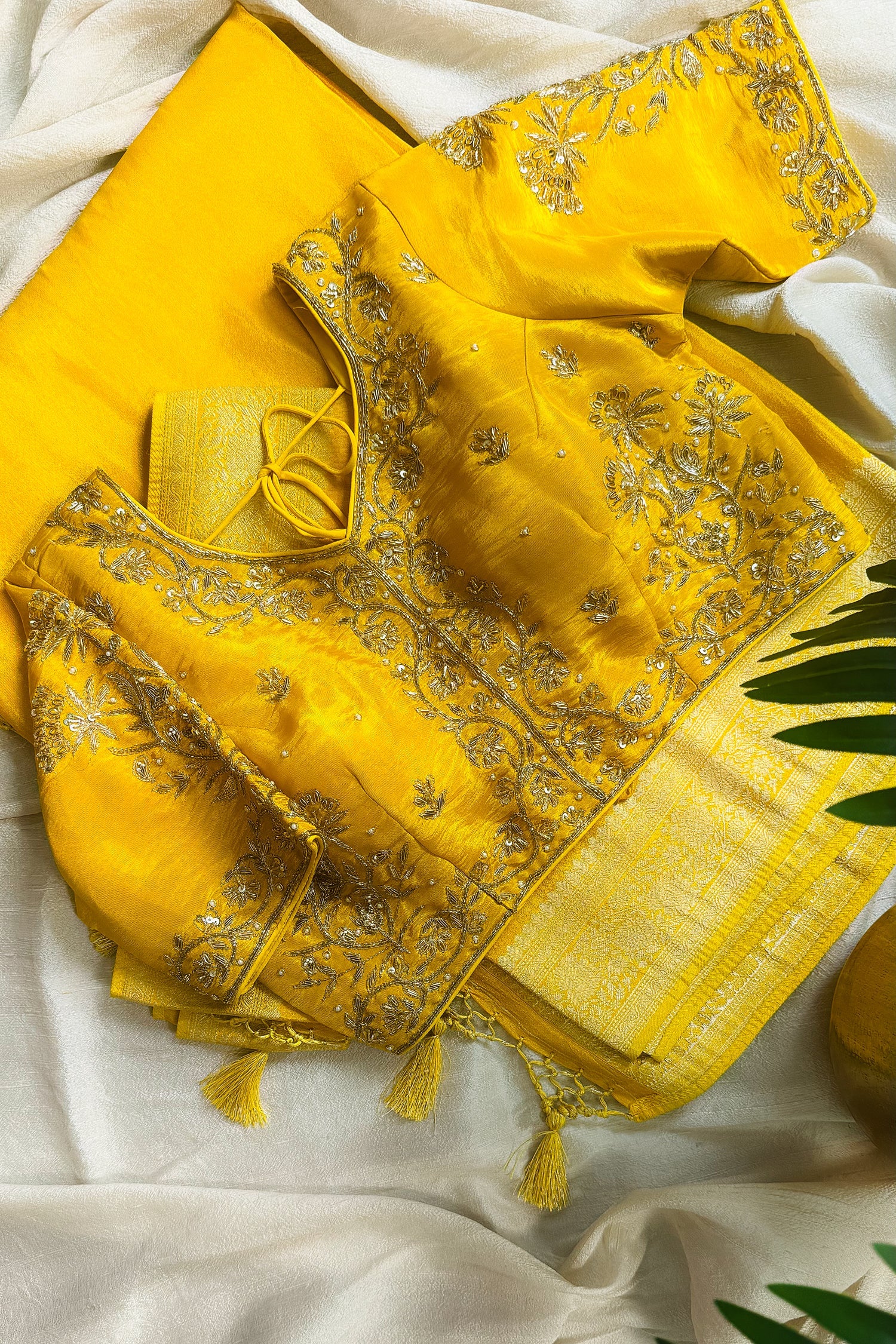 Yellow Tissue Silk Saree with Readymade Blouse - Image 3