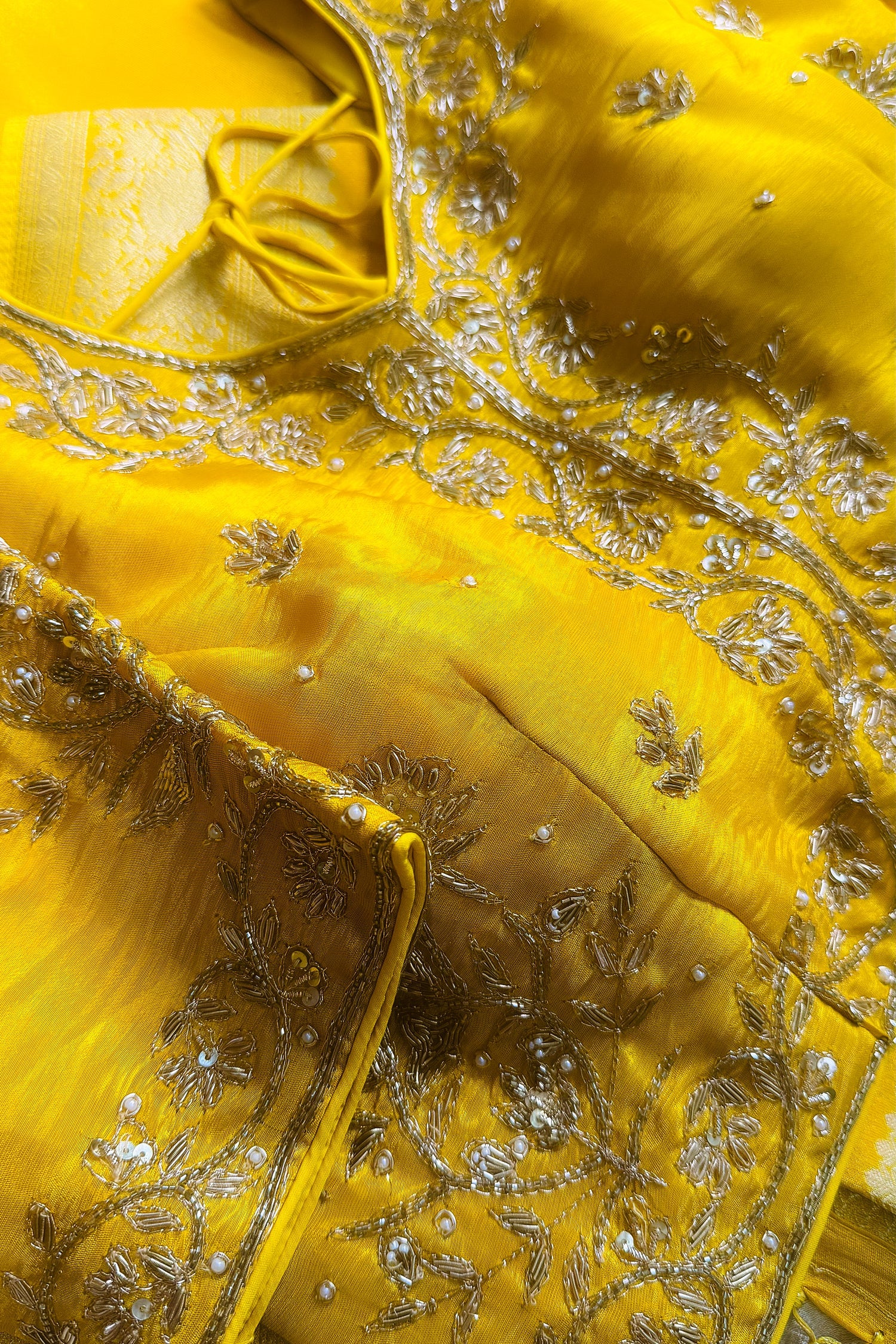 Yellow Tissue Silk Saree with Readymade Blouse - Image 5