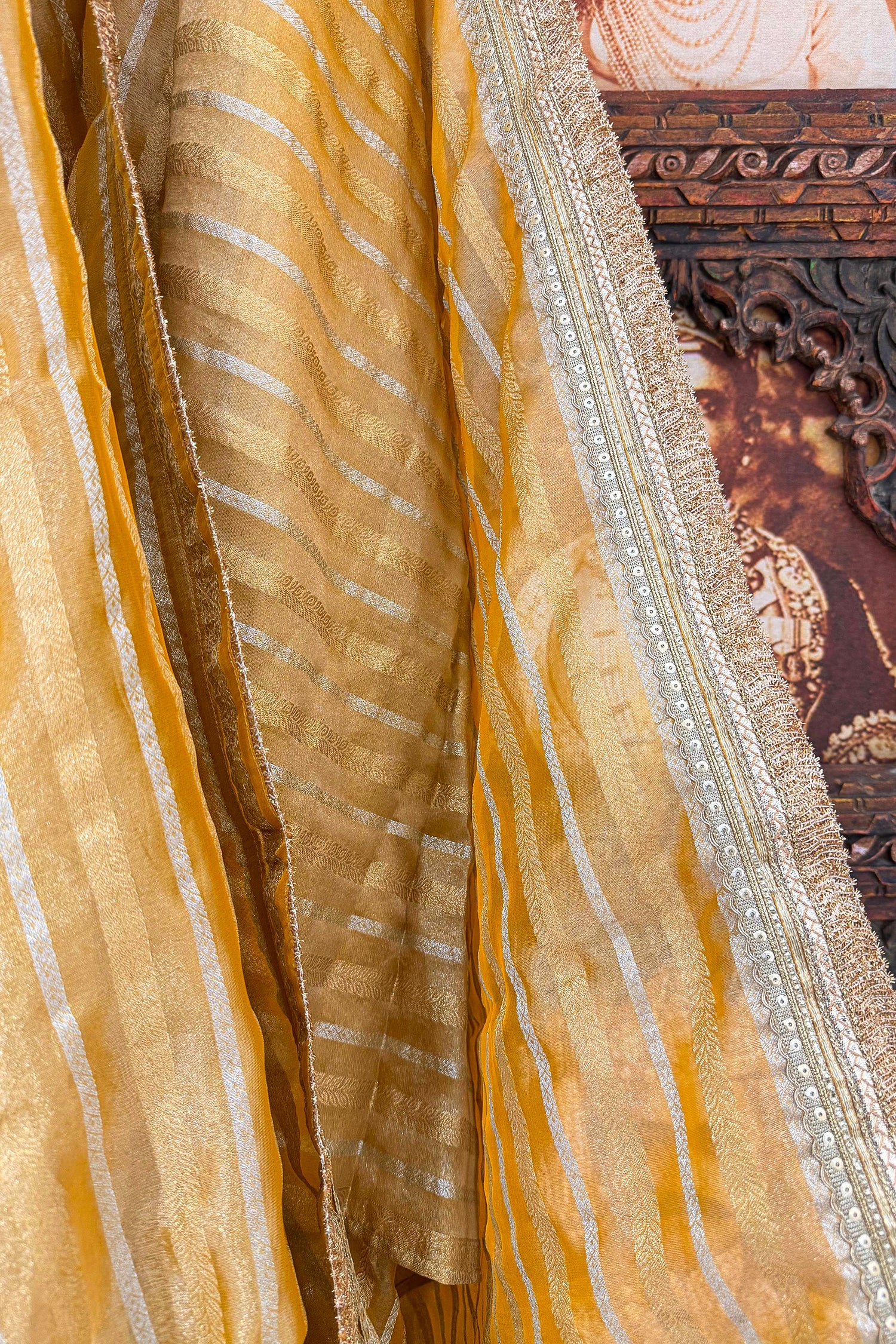Yellow Tissue Woven Saree with Lace Work - Image 5