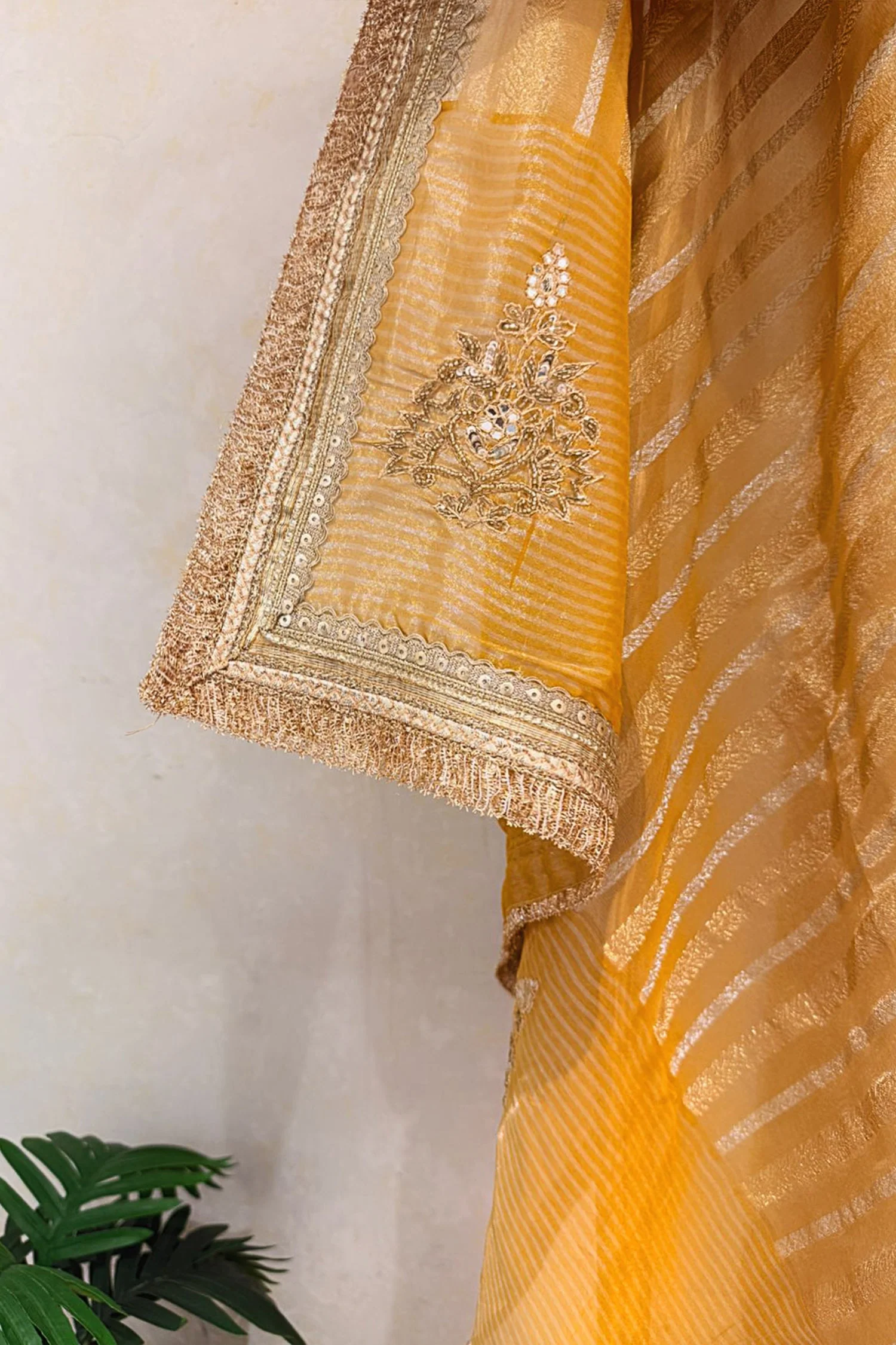 Yellow Tissue Woven Saree with Lace Work - Image 6